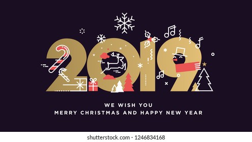 Merry Christmas and Happy New Year 2019. Vector illustration concept for background, greeting card, website and mobile website banner, party invitation card, social media banner, marketing material.