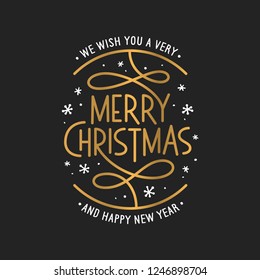 Merry Christmas and Happy New Year lettering template. Greeting card invitation with golden snowflakes. Winter holidays related typographic quote. Vector vintage illustration.