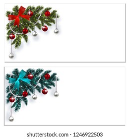 Merry Christmas and Happy New Year. Greeting cards, business cards or invitations with decorations on the blue and green Christmas tree. Corner drawing. Vector illustration