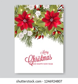 Merry Christmas and Happy New Year Card With Lettering Label, Red Bow And Poinsettia Flowers