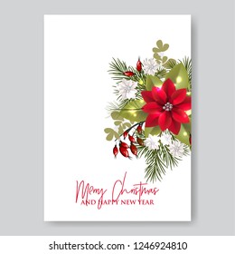 Merry Christmas and Happy New Year Card With Lettering Label, Red Bow And Poinsettia Flowers