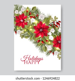 Merry Christmas and Happy New Year Card With Lettering Label, Red Bow And Poinsettia Flowers