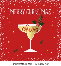 Merry Christmas, Happy New Year Greeting Card. Cocktail, Wine Glass With Holly Berries. Cheers Handletterd Text. Winter Celebration, Party Concept. Red Background With Snow And Golden Stars.