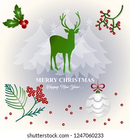 Merry Christmas and Happy New Year card design with berries, tree and deer
