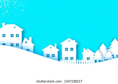 Merry Christmas and Happy New Year Greetings card. Origami Winter Snow Landscape Village with blue sky. City Urban Countryside with forest in paper cut style. Holidays.