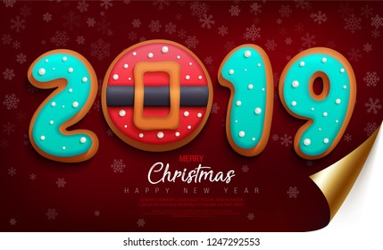 Merry Christmas and Happy New Year banner with cookies in the glaze in the form of numbers 2019 and biscuit red santa belt on a dark red wrapped paper with curved edge and snowflakes.