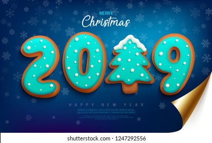 Merry Christmas and Happy New Year banner with cookies in the glaze in the form of numbers 2019 and biscuit Christmas tree on a dark blue wrapped paper with curved edge and snowflakes.