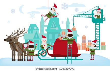 Merry Christmas and Happy New Year. Elves helpers collect gifts in the bag of Santa Claus, sleigh with fabulous deer, the palace of Santa in the background. Landing template for the landing page
