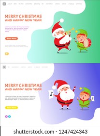 Merry Christmas and happy New Year elf and Santa Claus vector. Winter characters singing carols songs and playing musical instruments, drums trumpet