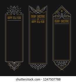 Merry Christmas and Happy New Year text. Art deco frames in outline style. 2019 Xmas banners in golden and silver colors.