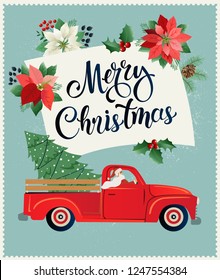 Merry Christmas and Happy New Year Postcard or Poster or Flyer template with retro pickup truck with christmas tree. Vintage styled vector illustration.