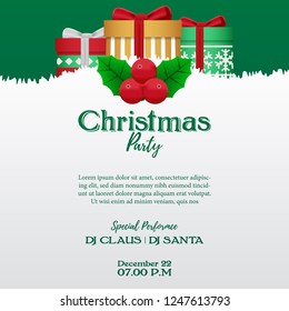 Merry Christmas and happy new year banner template with gift box present on the snow with holly leaves. vector illustration