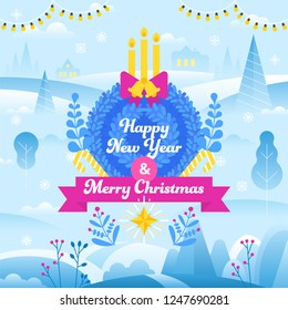 Merry Christmas and Happy New Year  greeting card template. Winter landscape with with sky, heavy snowfall, snowflakes in different shapes and forms. Vector illustration