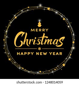 
Merry Christmas and Happy New Year hand lettering template. Text on black background with golden confetti and stars. Celebration winter sign for holiday design, postcard, poster, invitation, banner. 