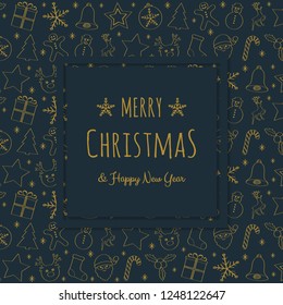 Merry Christmas and Happy New Year - card with hand drawn decorations. Vector.