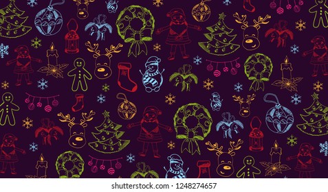 Merry Christmas and Happy New Year. Background with hand-draw christmas doodle elements. Vector illustration