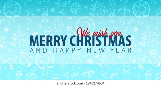 Merry Christmas and Happy New Year. Background with hand-draw christmas doodle elements. Vector illustration