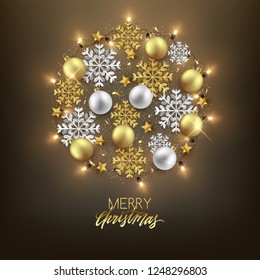 Merry Christmas Happy New Year decorative postcard, baubles and fir branches decoration background, vector illustration