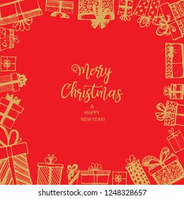 Merry Christmas and Happy New Year. Frame made of gifts. Hand drawn. Vector illustration