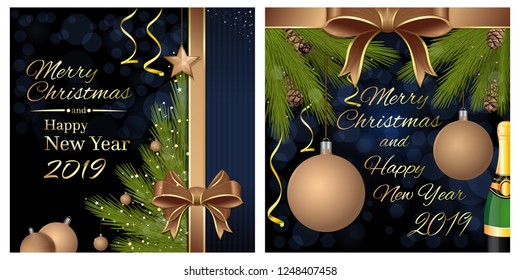 Merry Christmas and Happy New Year 2019. Greeting card set with a Christmas tree and congratulatory inscription. Vector illustration