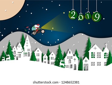 Merry Christmas and Happy New Year. Illustration of Santa Claus motorcycle  on the sky, paper art and digital craft style, Christmas background copy space for text or messages for the New Year 2019.