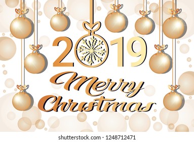 merry christmas happy new year 2019 concept golden balls snowflakes decoration greeting card horizontal