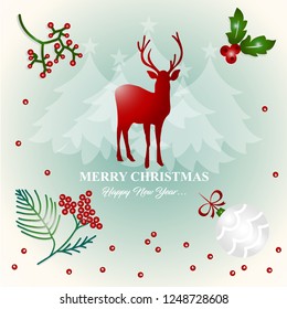 Merry Christmas and Happy New Year greeting card design with berries and deer.