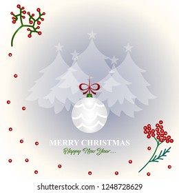 Merry Christmas and Happy New Year card design with berries and baubles
