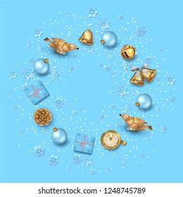 Merry Christmas and Happy new year top view background. Christmas greeting illustration with festive decoration