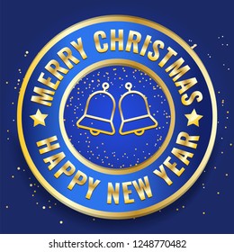 Merry Christmas and Happy New Year blue badge with bells icon