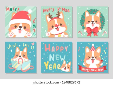 Merry Christmas & Happy New year by cute happy funny corgi dog again. Set of square gift tag, card, badge.Season's greetings. Our warm wishes. Vector illustration.
