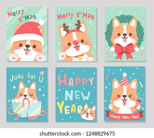 Merry Christmas & Happy New year by cute happy funny corgi dog again. Set of rectangle gift tag, card, postcard.Season's greetings. Our warm wishes. Vector illustration.
