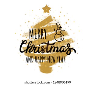 Merry Christmas and Happy New Year. Vector hand drawn lettering with snowman simple illustration. Grungy modern Christmas tree with star sparkles. Isolated vector template for prints and web design.