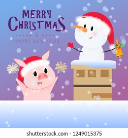 Merry Christmas and Happy New Year bright leaflet design. Inscription with piglet and snowman inside chimney on background with snow. Can be used for postcards, greeting cards, leaflets