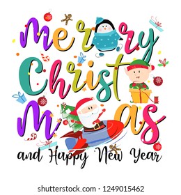 Merry Christmas and Happy New Year postcard with creative lettering. Multicolored calligraphy with cartoon characters on black background. Can be used for postcards, greeting cards, leaflets