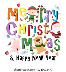 Merry Christmas and Happy New Year multicolored poster design. Multicolored inscription with cartoon characters on white background. Can be used for postcards, greeting cards, leaflets