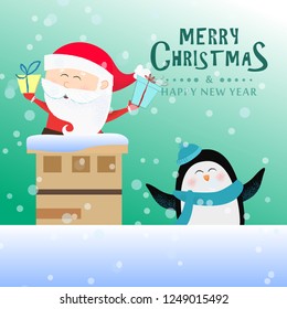 Merry Christmas and Happy New Year light green poster design. Inscription with funny penguin and Santa Claus inside chimney on background with snow. Can be used for postcards, greeting cards, leaflets