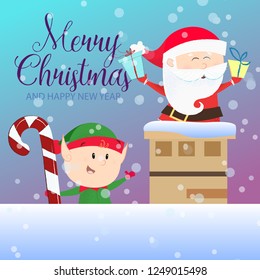 Merry Christmas and Happy New Year bright postcard design. Handwriting with Santa Claus, chimney and elf holding candy cane on background with snow. Can be used for postcards, greeting cards, leaflets