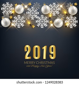 Merry Christmas Happy New Year decorative postcard, shiny baubles glitter snowflakes background, vector illustration