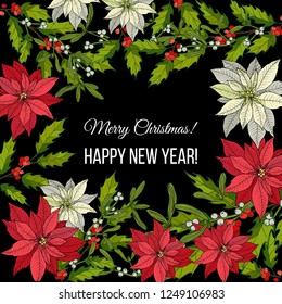 Merry Christmas and Happy New Year greeting card, vector illustration