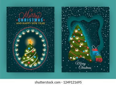 Merry Christmas and Happy New Year greeting set of posters vector. Pine tree decorated with bows and garlands baubles and balls, presents and gifts