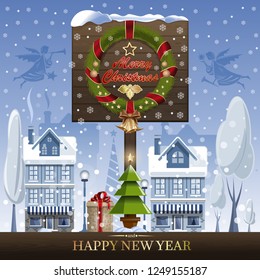 Merry Christmas and Happy New Year. Greeting card with Christmas angels over the snowy town and traditional greeting lettering. Vector illustration