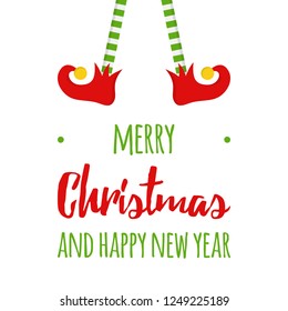 Merry Christmas and happy new year vector graphic illustration. Xmas, holiday, festive greeting card with elf legs and shoes with jingle bell hanging on top and writing below. Isolated.