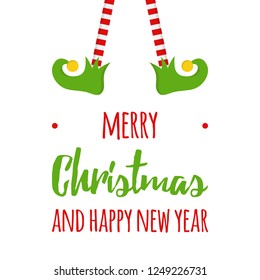 Merry Christmas and happy new year vector graphic illustration. Xmas, holiday, festive greeting card with elf legs and shoes with jingle bell hanging on top and writing below. Isolated.