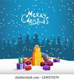 Merry Christmas and Happy New Year congratulation on blue snowy background, Fir-tree branches, gift boxes and bags with bows of ribbon in snow vector illustration. Winter holidays concept.