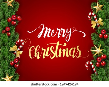 Merry Christmas Happy New Year Typographical card with Christmas wood elements border frame with season realistic looking Christmas fir tree branch decorated with red berries, stars, candy cane