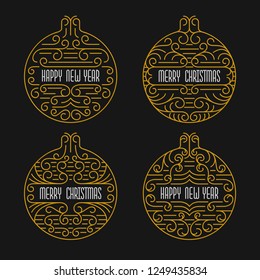 Merry Christmas and Happy New Year badges. Frames in line style. Holidays banners with Christmas balls in golden colors.