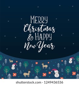 Merry christmas and happy new year greeting design with cute drawing of snowman, reindeer, winter tree, and xmas eve. Vector illustration for banner, poster, and card design.