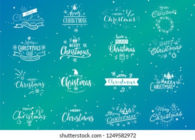 Merry Christmas. Happy New Year set 2019. Typography vector logo, emblems, text design. Usable for banners, greeting cards, gifts etc blue color