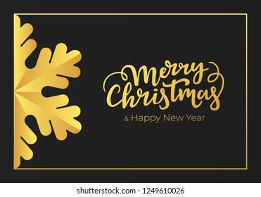 Merry Christmas and Happy New Year handwritten seasonal greetings. Winter holidays postcard made of a premium black paper and decorations of luxury gold foil.